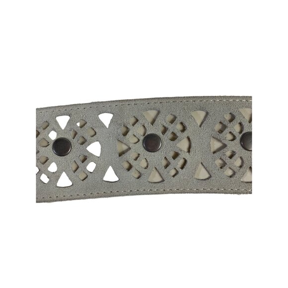 90s Taupe Leather Belt Size S Intricate Laser Cut Out Ornate Silver Buckle VTG - Picture 14 of 14